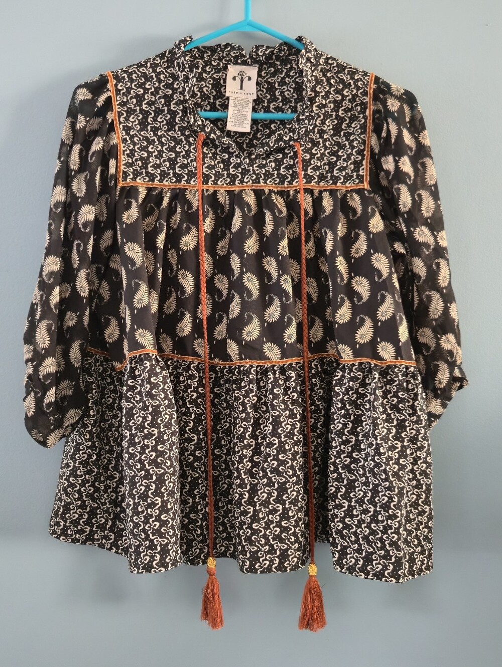 Black Patterned Tassel-Accent Peasant Blouse